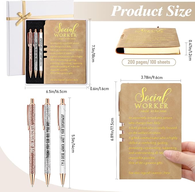 Resurhang 5 Pcs School Social Worker Must Haves Office Supplies Gift Leather Journal Notebook 3 Ballpoint Pens with Box Thank You Social Work Appreciation Gift for BSW MSW DSW(Khaki)