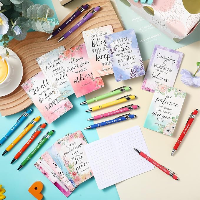 PerKoop 48 Pcs Christian Gifts Notebooks and Pens Bulk - Bible Pocket Notebooks Scripture Ballpoint Pens, Flower Inspirational Journal Faith Based Gifts for Church Coworkers Women Nurses Staff