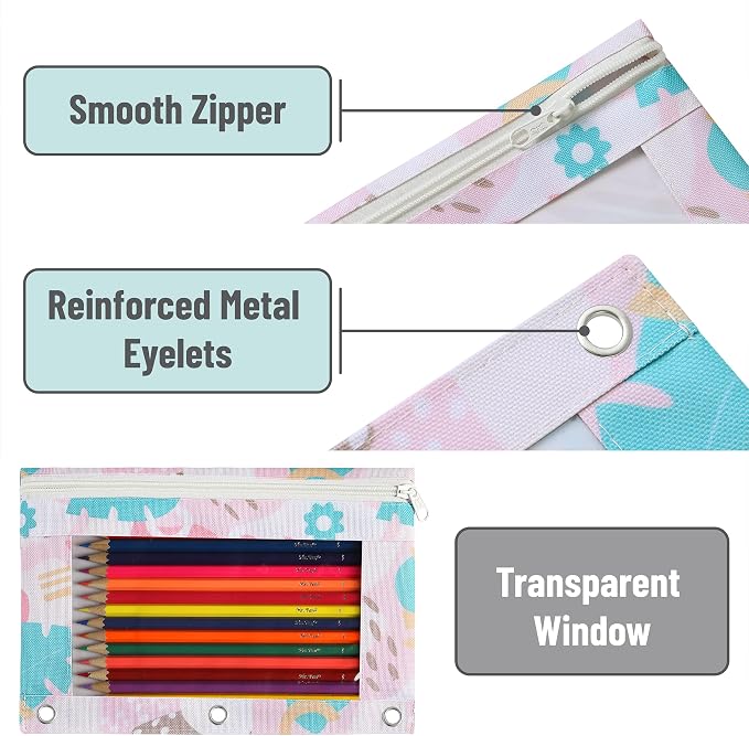 Mr. Pen- Pencil Pouch for 3 Ring Binder, 2 Pack, 10"x6.75", Smooth Zipper | Clear Window, Large Capacity Pencil Case with 3 Reinforced Grommets for School, Office, Supplies Storage | Clear Window, Large Capacity Pencil Case with 3 Reinforced Grommets f...