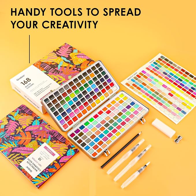 Grabie Watercolor Paint Set, Watercolor Paints, 168 Colors, Painting Set with Coloring Book, Water Brushes and Drawing Pencil, Art Supplies, Perfect Starter Kit for Watercolor Painting, Set of 168