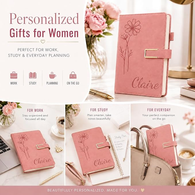 CRME Personalized Birth Flower Notebook, Custom Name Engraved Leather Journal, A5 Writing Journal Gift for Women, Mom, Sister, Teacher, Friend