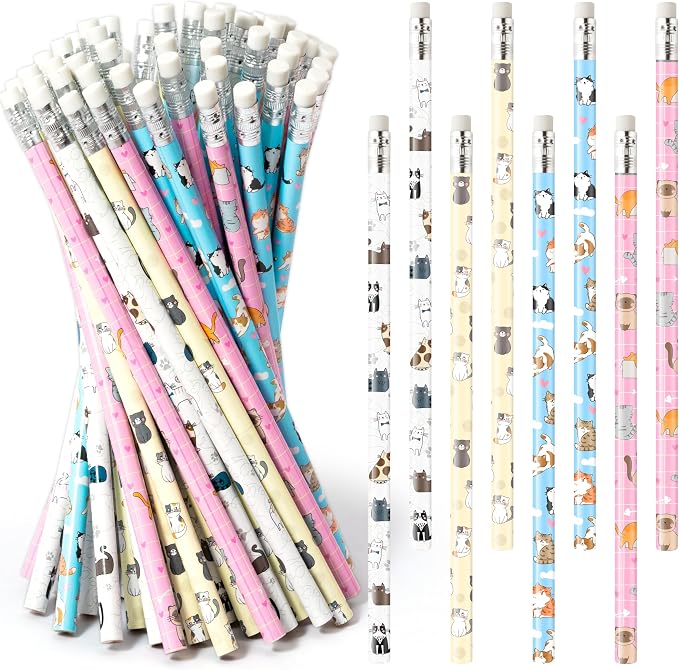 Xqumoi 60Pcs Cat Pencils with Erasers - Kawaii Cat Themed #2 HB Wooden Cute Pencils in Bulk Birthday Party Favors Classroom Student Rewards Goodie Bag Fillers Stuffers Back to School Gift