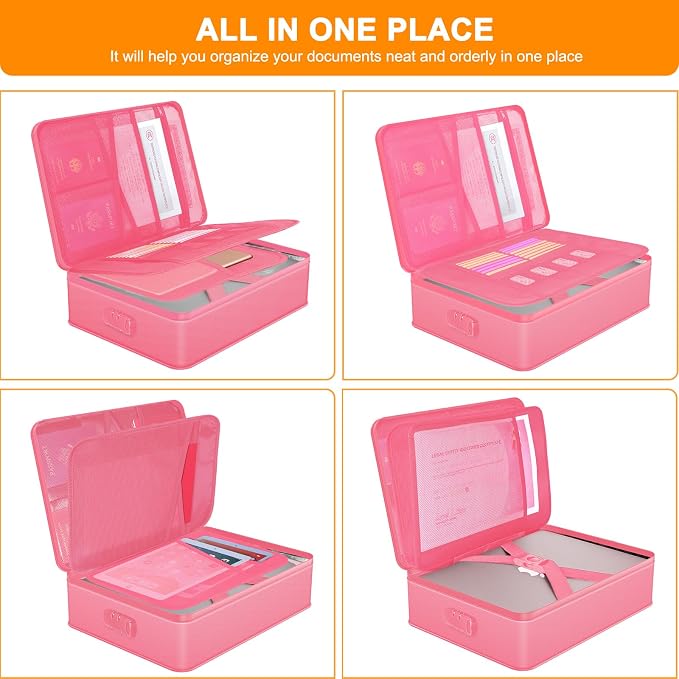 Noiposi 5200℉ Fireproof Document Box with Lock 16.1"x11.4"x4.3"- 8 Layers | Home ,Travel ,Strong, Water Resistant,Safe Storage Document Storage Organizer for Important Documents and File,Pink