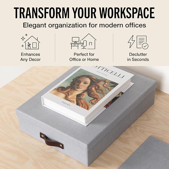 Bigso Oskar Canvas Fiberboard Document Letter Box - File Organizer Box for Important Paperwork - Document Storage with a Lid & Leather Handle - 3.3 in x 10.2 in x 13.8 in - Ash
