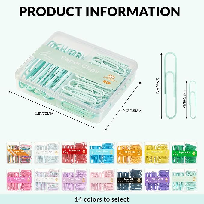 NEEWAY Colorful Paper Clips Assorted Sizes, Small and Large Paperclips, 210 Count, 3 Pack of 70 (Light Green)