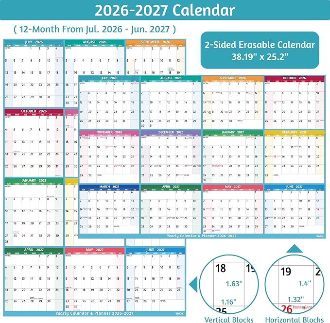 2026-2027 Dry Erase Calendar – Large Yearly Wall calendar, 38.2'' x 25.2'', 2-Side Reversible Calendar 2026-2027, Vertical/Horizontal, Jul 2026 – Jun 2027, Wall Calendar with Notes, Stickers – Multi