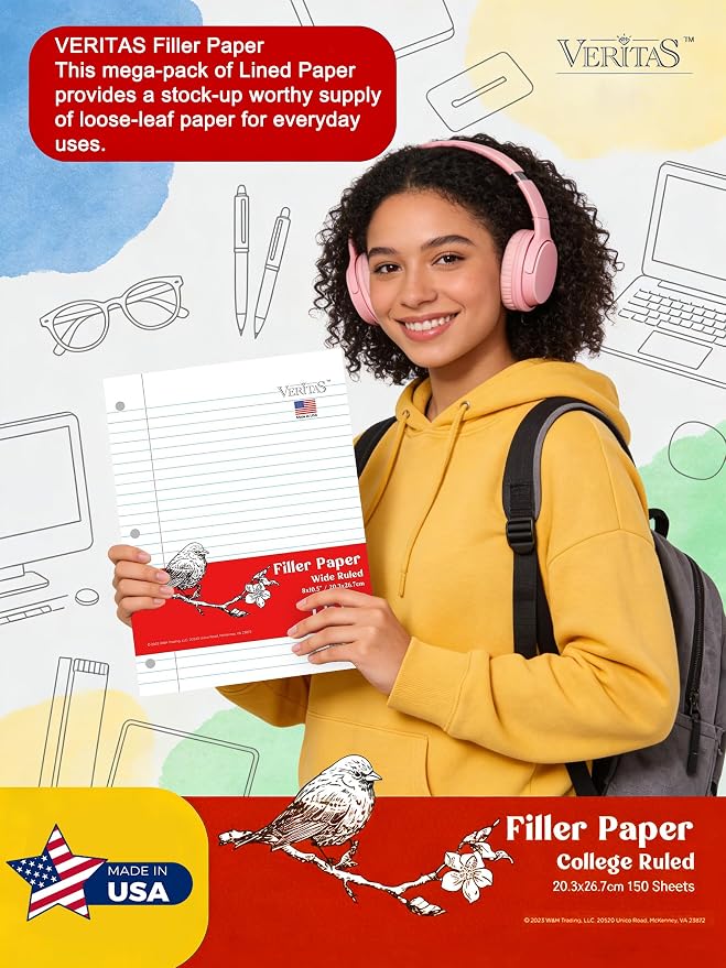 Loose Leaf Paper Wide Ruled, 8" x 10.5" Binder Filler Paper, 3 Hole Punched Notebook Paper, 3600 Sheets Total 24 Pack 150 Sheets/Pack, Bulk School & Office Supplies, Made in USA