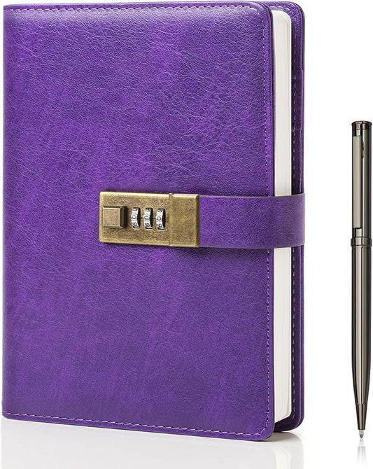 WEMATE Diary with Lock, A5 PU Leather Journal with Lock 240 Pages Purple | Vintage Lock Journal Password Notebook with Pen & Gift Box, Lock Diary Planner Organizer for Men and Women, 8.6x5.8in