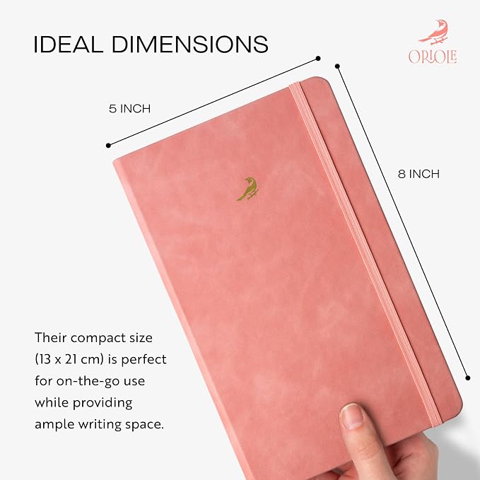 Oriole Vegan Leather Ruled Notebook - Pink | 176 Pages of Thick Lined Paper | Soft Touch Hardcover Journal (5 x 8 in) with Gold Foil Bird Design & Luxury Gift Box