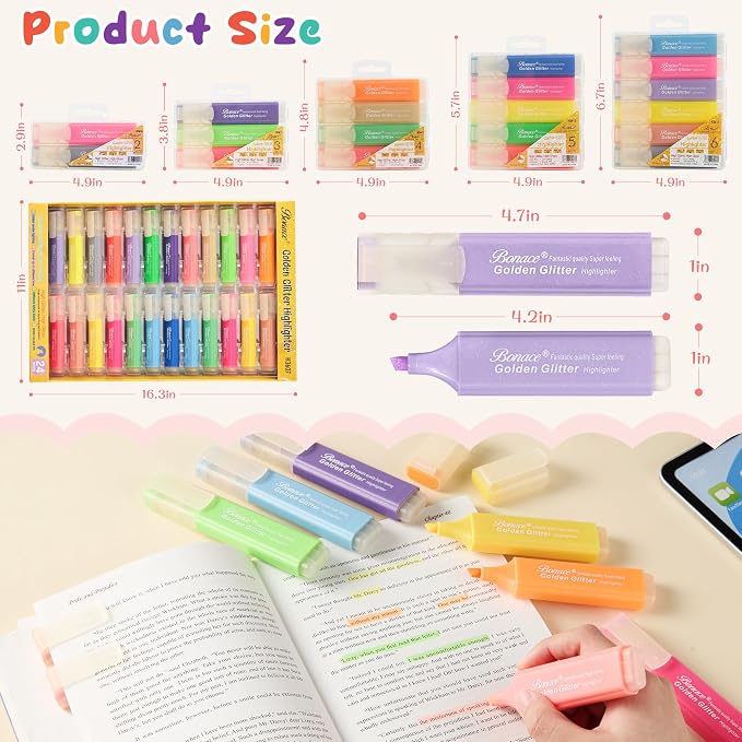 24 Glitter Highlighters, Metallic Chisel Tip Marker Pens | Pastel & Fluorescent Colors | Quick-Dry for Notes, Planners & DIY Crafts
