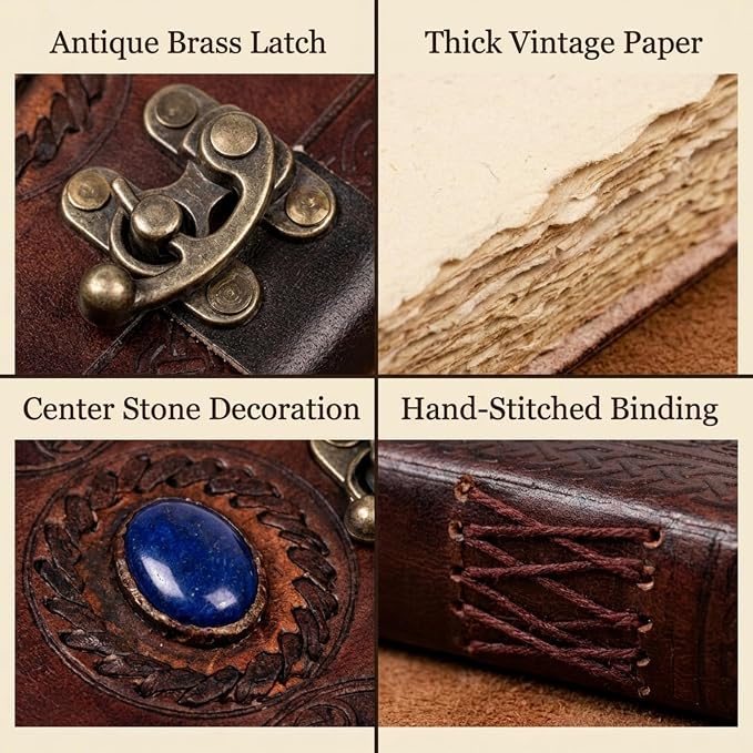 cuero 3 Moon Blue Lapis Embossed Vintage Leather Journal for Men & Women - 140 Pages, Antique Handmade Deckle Edge Vintage Paper, Leather Journal Writing Notebook Dairy Gift (7 inch by 10 inch, Brown) [Unknown Binding]
