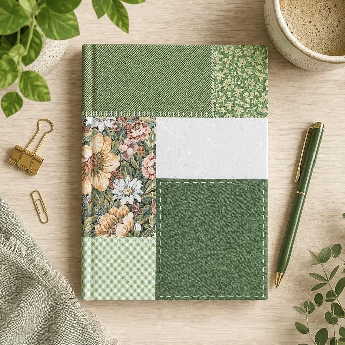 Pearhead Green Patchwork Fabric Hardcover Journal, 6x8 College-Ruled Lined Notebook, 200 Pages, Boho Writing Journal for School, Work & Personal Use