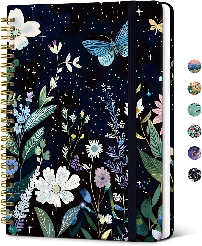 Taja Spiral Lined Journal for Women, Notebook for Work with Pretty Cover, 140 College Ruled Pages, Hardcover Notebook for Journaling, Note Taking, Bible Study, Celestial