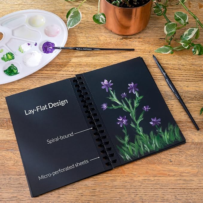 WA Portman Black Paper Sketchbook A5 (6" x 8.25") – 140 GSM Acid-Free Black Paper Notebook, 60 Pages (30 Sheets) Spiral Scrapbook Journal, Mixed Media Sketch Drawing Pad for Kids & Adults