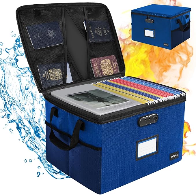 DEEGO File Box with Lock, Fireproof Document Box for Important Document | Fireproof Lockbox Safe For Home, Collapsible File Storage Box with Handle for Hanging Letter/Legal Folder, Blue