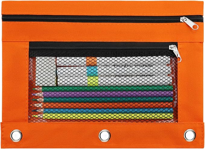 3 Ring Pencil Pouch for Binder, 2-Pocket Zipper Pencil Case with Clear Window & Mesh Pocket, Heavy Duty 600D Oxford Fabric Binder Pouch for School Office Supplies, Fits Standard 3-Ring Binders, Orange