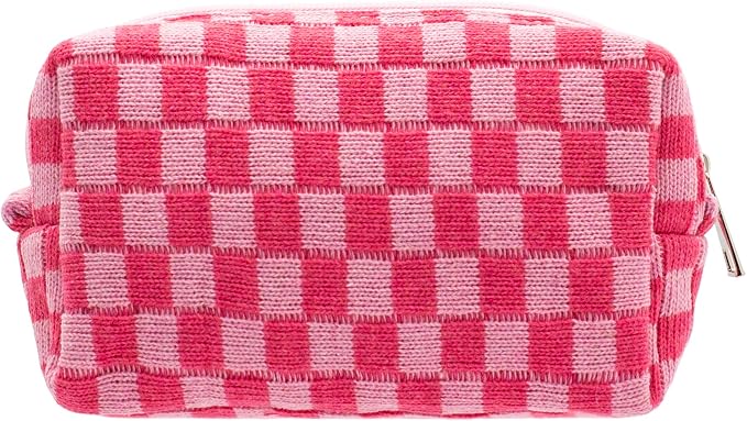 PAZIMIIK Checkered Makeup Bag for Purse Portable Zipper Make Up Pouch Small Cosmetic Case for Travel Accessories (Hotpink) | Cute Zipper Makeup Organizer for Women, Travel Essentials, Toiletries, Makeup Brushes, Beauty Accessories&Bridesmaid Gifts