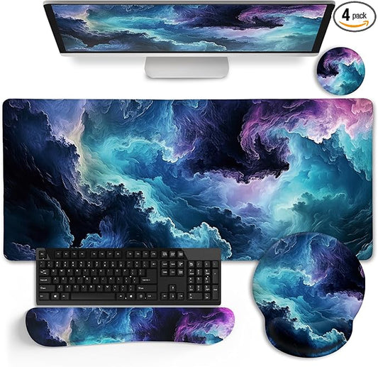 LIMKRIAN Galaxy Mouse Pad Large Desk Matt for Desktop, 4 in1 XXL Mousepad | Ergonomic Mouse Pad with Gel Wrist Rest, Gaming Mousepad Wrist Support, Keyboard Mat, Coaster, Office Desk Decor Accessories