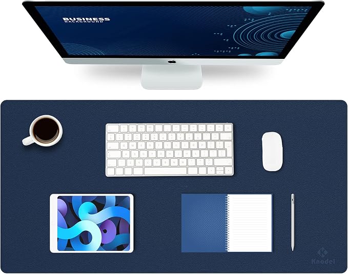 K KNODEL Large Office Desk Mat, Leather Mouse Pad (31.5"x15.7", Dark Blue) | Desk Pad, Keyboard Pad, Computer and Laptop Mat, Desktop Protector and Cover, Writing Pad and Blotter for Home Office