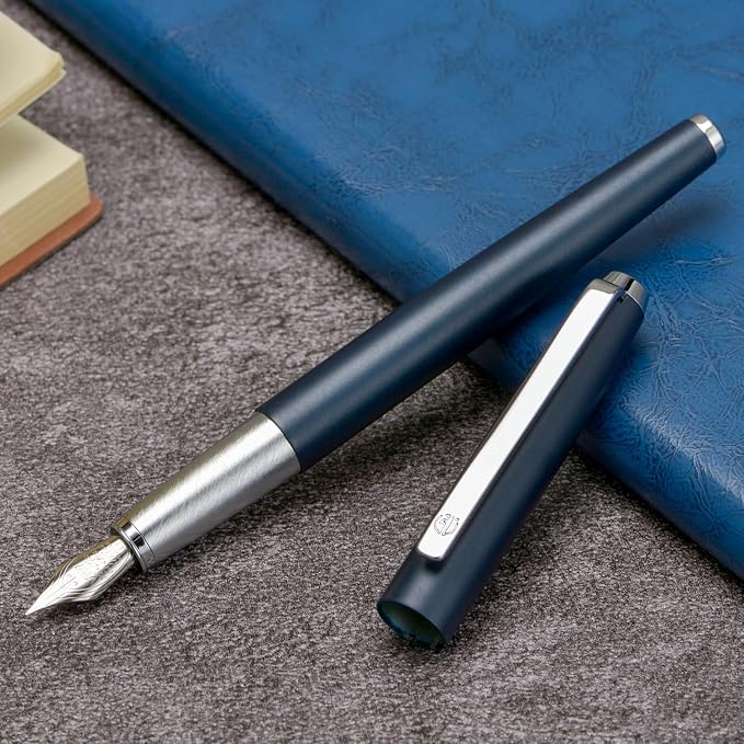 HongDian 525 Dark Blue Fountain Pen, Extra Fine Nib Classic Pen Includes Metal Pen Case and Refillable Converter