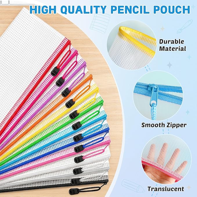 108 Pack Pencil Pouch Bulk, 9.5" x 4.5" Mesh Zipper Pouch, 12 Colors | Small Clear Zipper Pouch Pencil Case for Supplies Storage, Travel, Cash, Cosmetics, Office with Translucent Waterproof PVC