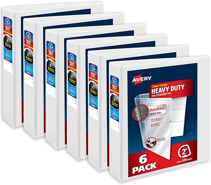 Avery Heavy-Duty View 3 Ring Binders, 2 Inch One Touch Slant Rings, DuraHinge, 2.8 Inch Wide Spine, Customizable Clear Cover and Spine, White Binders (6-Pack of 79792)