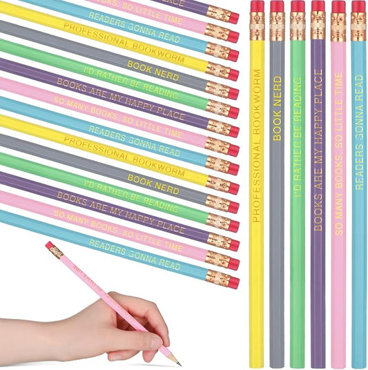 Affrolling 36 Pcs Book Nerd Pencil Bulk with Eraser Book Lover Reading Motivational 6 Design Wooden Graphite 2B Pencil Assortment Fun Educational Sharpened Booklover Back to School Student Gifts