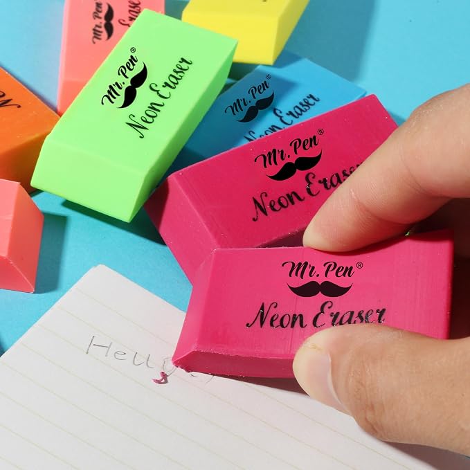Mr. Pen- Pencil Eraser, 24 Pack, Neon Colors | Large Latex Free Block Erasers Bulk for School, Office, Art Sketching, Homework, Exams, Clean Smudge-Free Correction