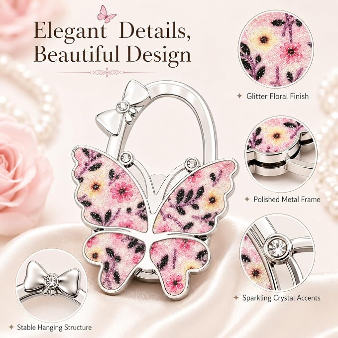 Purse Hook for Table, Foldable Handbag Hanger for Women, Portable Bag Holder with Non-Slip Base, Cute Flower Pink Glitter Butterfly Purse Table Hook for Restaurant Office Travel Gift