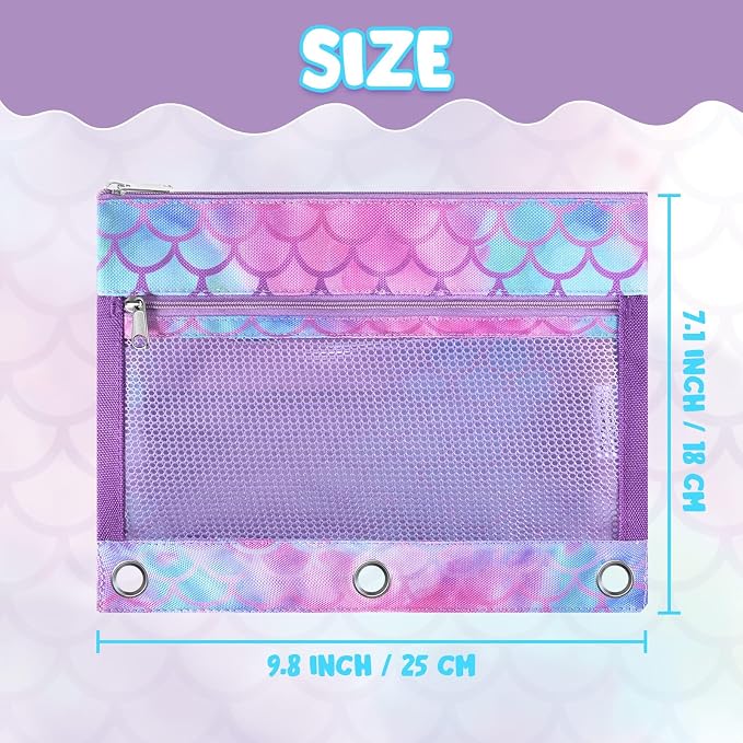 WAWSAM Mermaid Pencil Pouch for 3 Ring Binder, Zipper Pencil Pouch for Girl | 2 Pocket Clear Window Pencil Case, 3 Ring Pencil Pouch for School Supplies, Pencil Bags for Office College