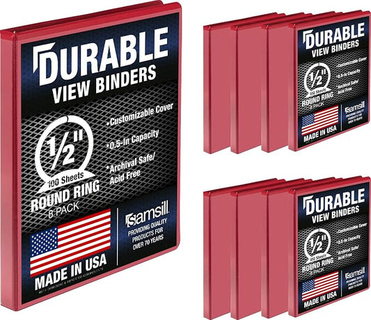 Samsill 8 Pack Durable 0.5 Inch 3 Ring Binders, Round Ring, Clear View Cover for Presentations, Red