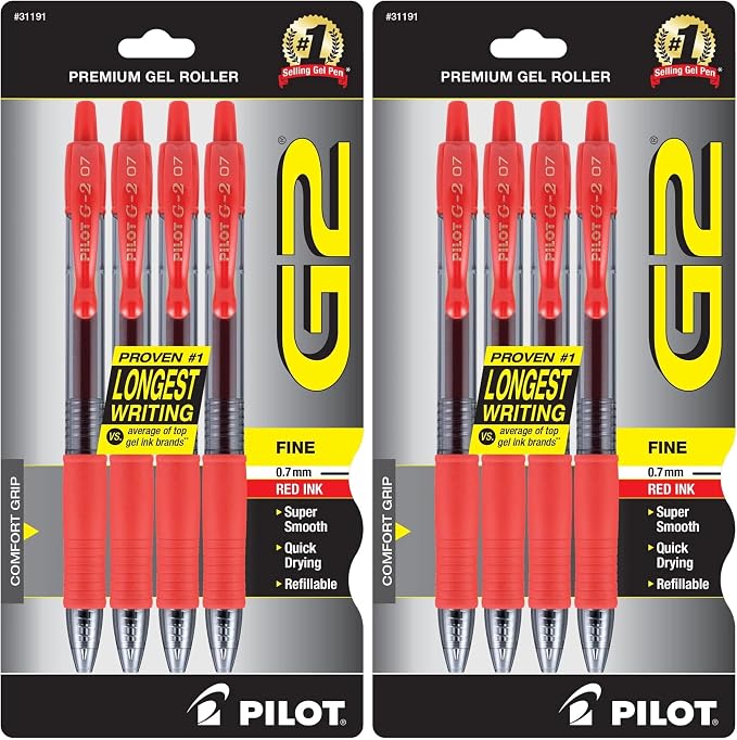 PILOT G2 Premium Gel Roller Pens,Fine Point 0.7 mm,Red Pens - Ideal for School,Journaling & Office Writing,(Pack of 8)