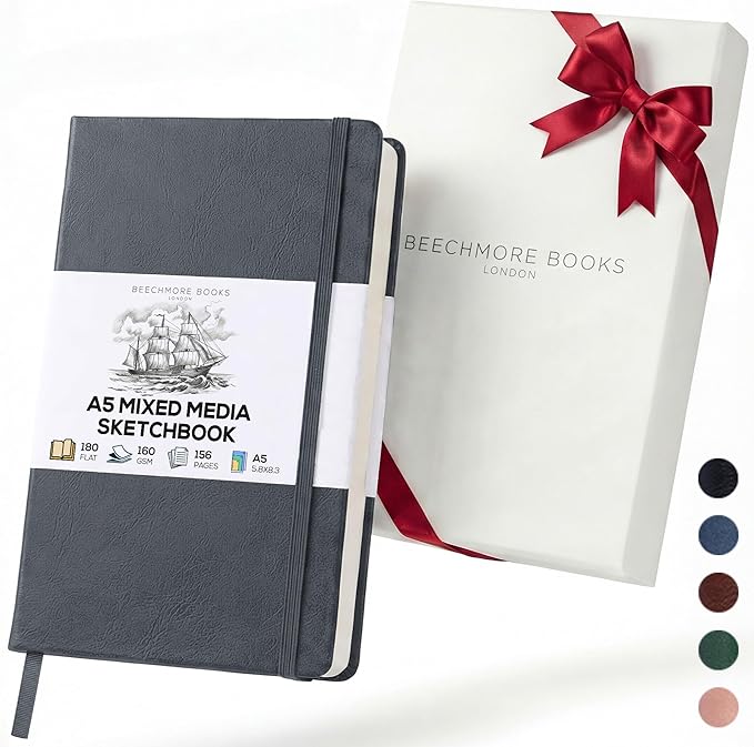 Beechmore Books A5 Mixed Media Sketchbook - 5.8"x8.3" Hardcover Lay-Flat Art Journal, 160 GSM / 98 lb Professional Perforated Paper, Gift Box, for Drawing, Ink and Light Watercolor