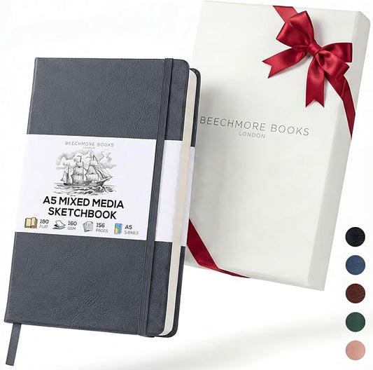 Beechmore Books A5 Mixed Media Sketchbook - 5.8"x8.3" Hardcover Lay-Flat Art Journal, 160 GSM / 98 lb Professional Perforated Paper, Gift Box, for Drawing, Ink and Light Watercolor