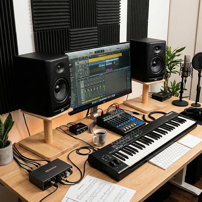 Desktop Speaker Stands Made of Pure Solid Wood, Natural Style, 360° Rotatable Top Plate, Suitable for Medium/Large Tabletop Speakers and Studio Monitors (Natural Oak_DSS7(7 inch))