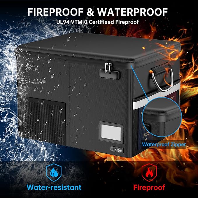 5200℉ Fireproof Document Box with Lock, Black | Waterproof File Organizer with Handle, Portable Collapsible Filing Cabinet for Hanging Letter/Legal Folders
