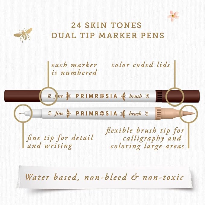 Primrosia 24 Skin Tones Dual Tip Marker Pens, Hair and Portrait Watercolor Sketch Set – Fine and Brush Ends, Art Supplies for Coloring, Sketching and Drawing