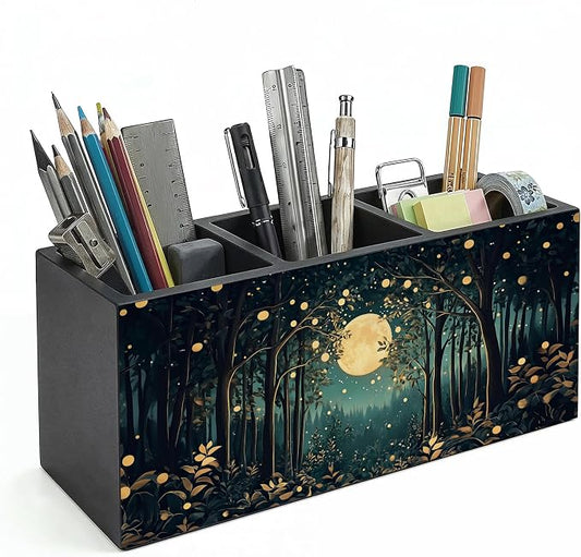Rustic Night Moon Forest William Morris Inspired Wooden Pencil Pen Holder for Desk Organizers and Accessories, Vintage Nature Botanical Makeup Brush Holder Organizer for Bathroom Vanity