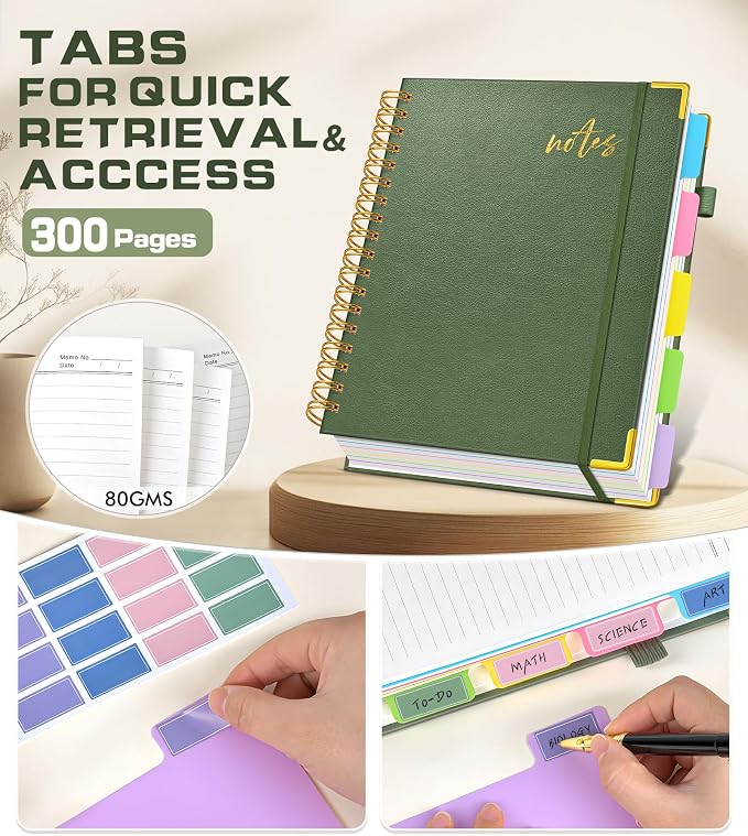 Hardcover Spiral Notebook Journal 8.5" x 11" Leather 5 Subject Notebook with Removable Dividers Tabs, 300 Pages Organizer Notebooks for Work School, College Ruled, Large Lined Journal for Women,Sage