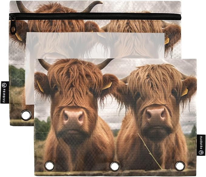 Funny Scottish Highland Cattle Cows Pencil Pouch Fits standard 3-ring binders, Zipper Binder Pencil Bag with Clear Window for Class Office 2 Pack
