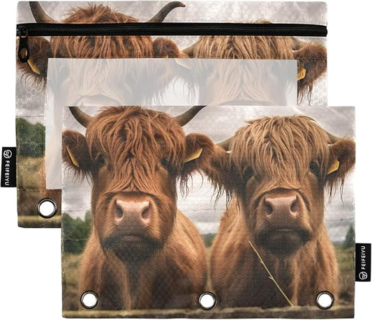 Funny Scottish Highland Cattle Cows Pencil Pouch Fits standard 3-ring binders, Zipper Binder Pencil Bag with Clear Window for Class Office 2 Pack