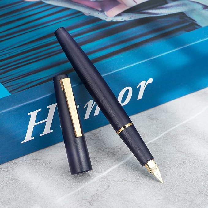 Jinhao 80 Denim Blue Fiber Brushed Fountain Pen, Iridium Extra Fine Gold Nib with Ink Converter, Classic Design Smooth Writing Pen (Gold Clip)