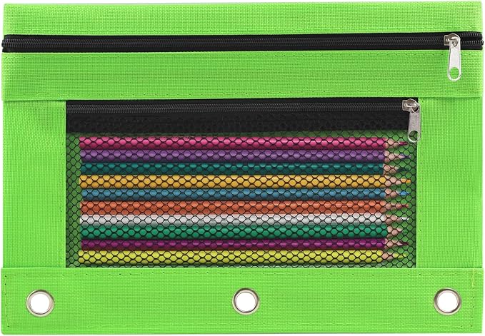 Pencil Pouch for 3 Ring Binder, Pencil Case Bag with Zipper, 600D Fabric Pencil Pouch Holder Accessories, Clear Window Pencil Case Aesthetic Back to School Organizer Pockets for Boy Girl (Green)