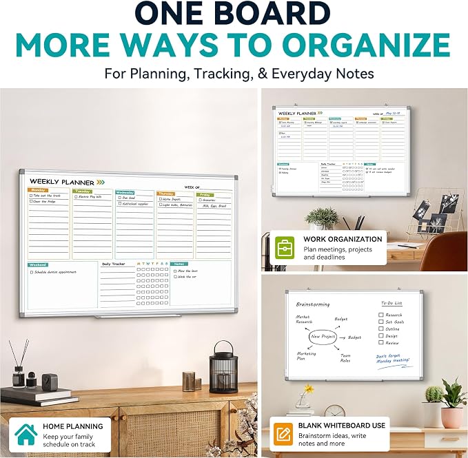 Weekly Dry Erase Calendar Whiteboard with Corkboard, 30" x 20", Silver | Magnetic, White Board Cork Board Combo, Double Sided, Wall Mounted, Aluminum Frame, for Home, Office, Kitchen, Dorm