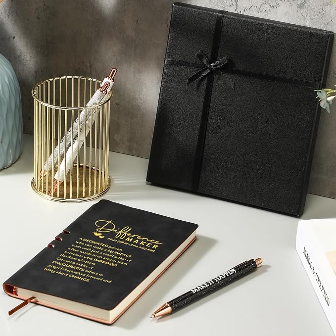 Thenshop 5 Pcs Difference Maker Gifts Journal with Pen Leather Notebook 3 Ballpoint Pens Box Thank You Gift for Nurse Boss Employee Coworker Teacher Volunteer Social Worker Assistant(Black)