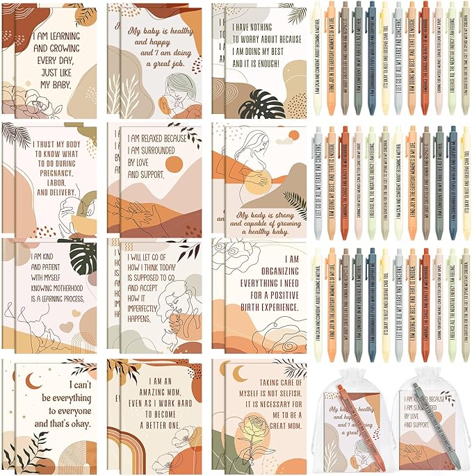 Mooliwe 48 Pcs Positive Affirmation Gift Set Gratitude Notebooks with Pens Small Bags Motivational Encouragement Notepads Daily Affirmations Journal for Women Stress Relief Self Care (New Mom)