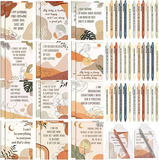 Mooliwe 48 Pcs Positive Affirmation Gift Set Gratitude Notebooks with Pens Small Bags Motivational Encouragement Notepads Daily Affirmations Journal for Women Stress Relief Self Care (New Mom)