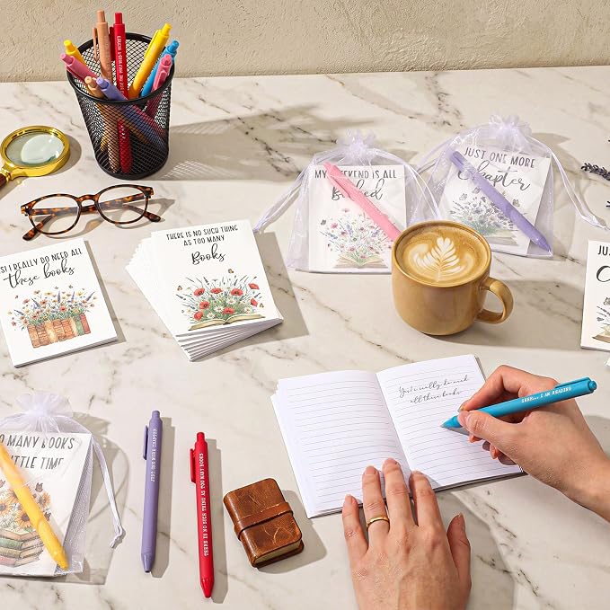 Sayglossy 36 Sets Book Lover Gifts Set Flower Notebooks Book Club Ballpoint Pens 6 Styles Flower Reading Journals with Organza Bags for Women Readers Bookish Bookworm