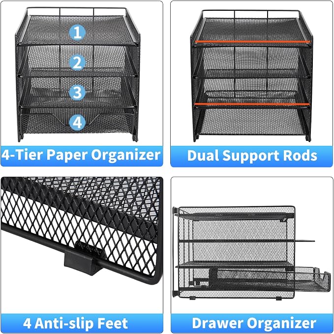OPNICE Desk Organizer, 4-Tier Desktop File Organizer with Drawer, Office Desk Accessories, File Sorters, Workspace Organizers for Office Supplies(Black Upgraded)