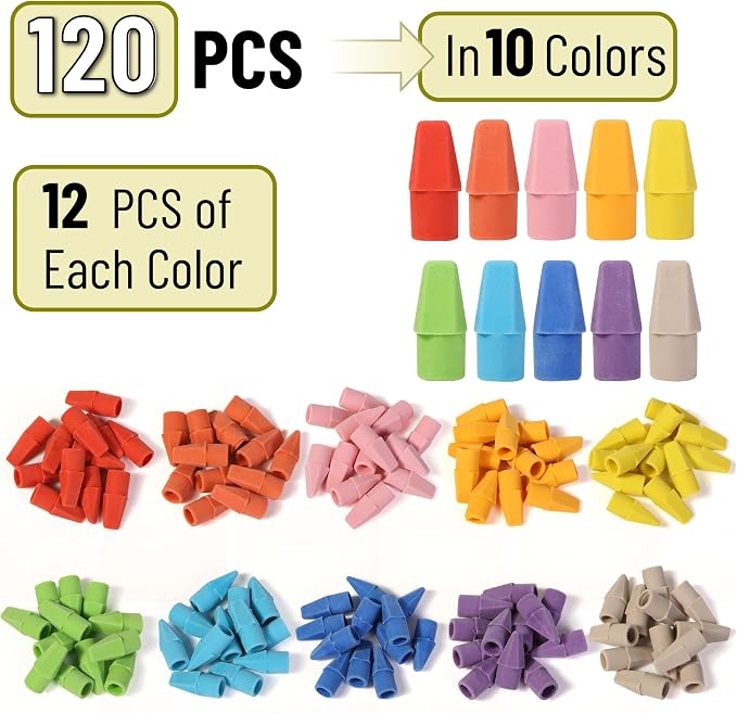 Mr. Pen- Pencil Erasers Toppers, 120 Pack, Colorful, Latex Free, No Smudge | Mr Pen Erasers for Pencils, Pencil Top Erasers, Eraser Caps, Eraser Tops